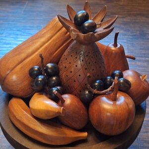 Vintage MCM Handcrafted Wooden Fruit Bowl Display 11 Pc Set